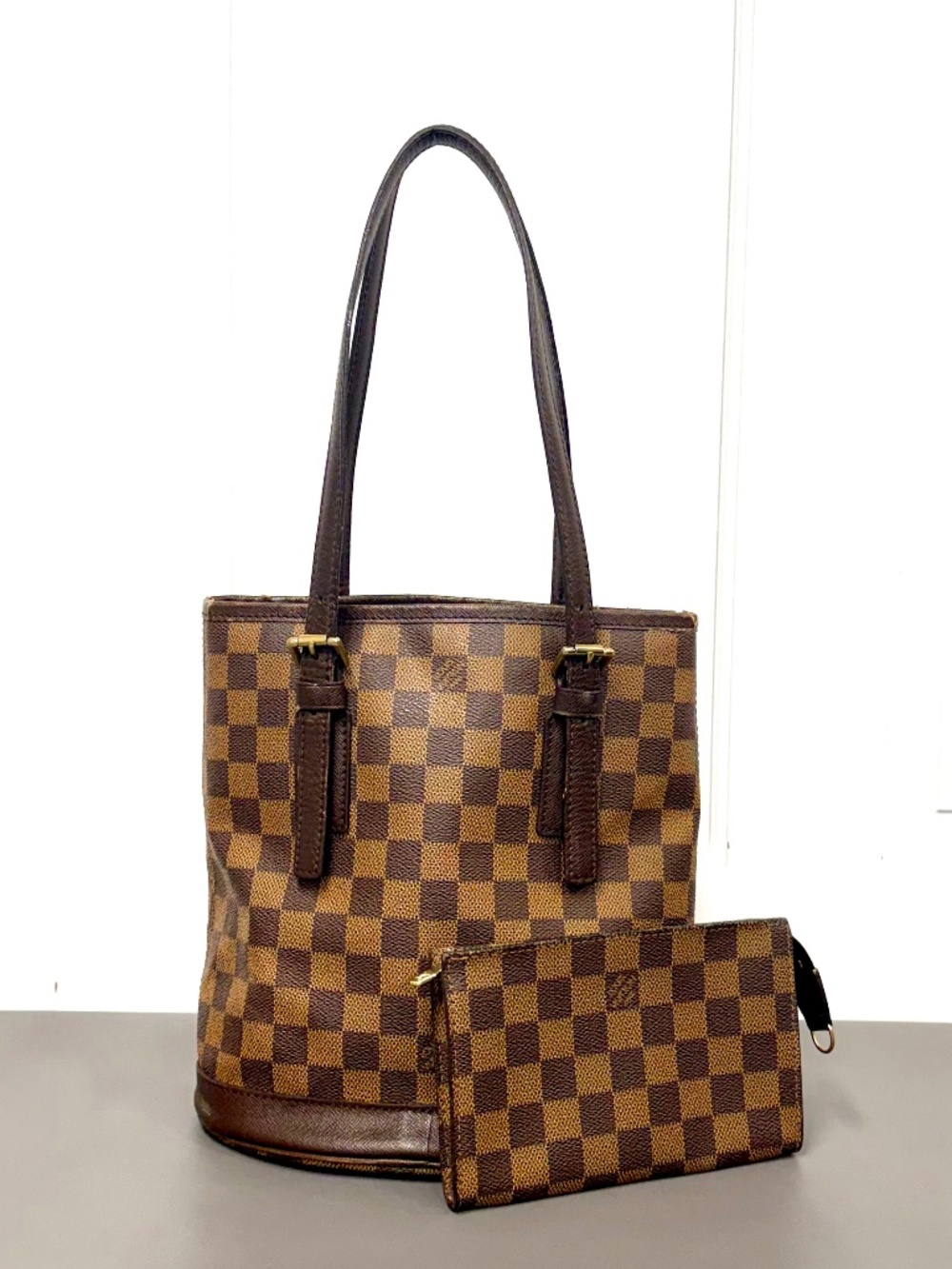 Louis Vuitton Damier Ebene Bucket Bag PM with Pouch